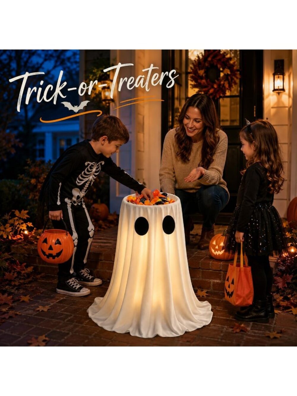 New 30 Inch Lighted Halloween Ghost Candy Bowl Remote Timer Trick-or-Treat Decor - Picture 2 of 6